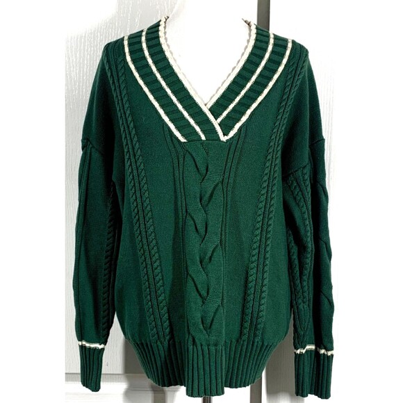 NAADAM Varsity V-Neck Sweater Jumper Womens M Green Cotton Cashmere Cable Knit - Picture 1 of 8